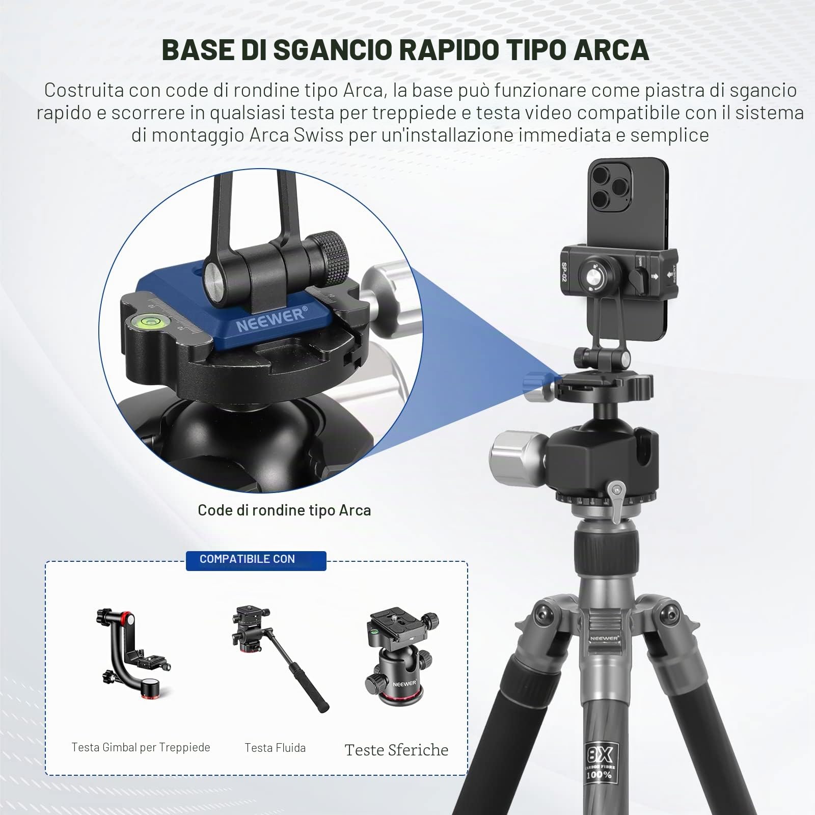 NEEWER Adattatore per treppiede, morsetto per cellulare con slitta flash, filettatura 1/4" 3/8", Arca tipo base, girevole a 360°, inclinazione di 180°, compatibile con iPhone 14 13 Pro Max Mini X Xs