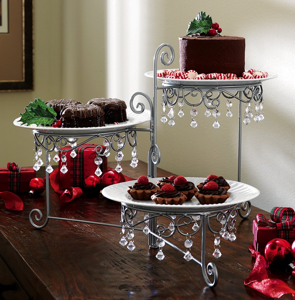 Beaded 3 Tier Silvertone Swivel Server, 12 3/4 Inches Length by 7 3/4 Inches Width by 15 Inches Heighth, Silvertone Color