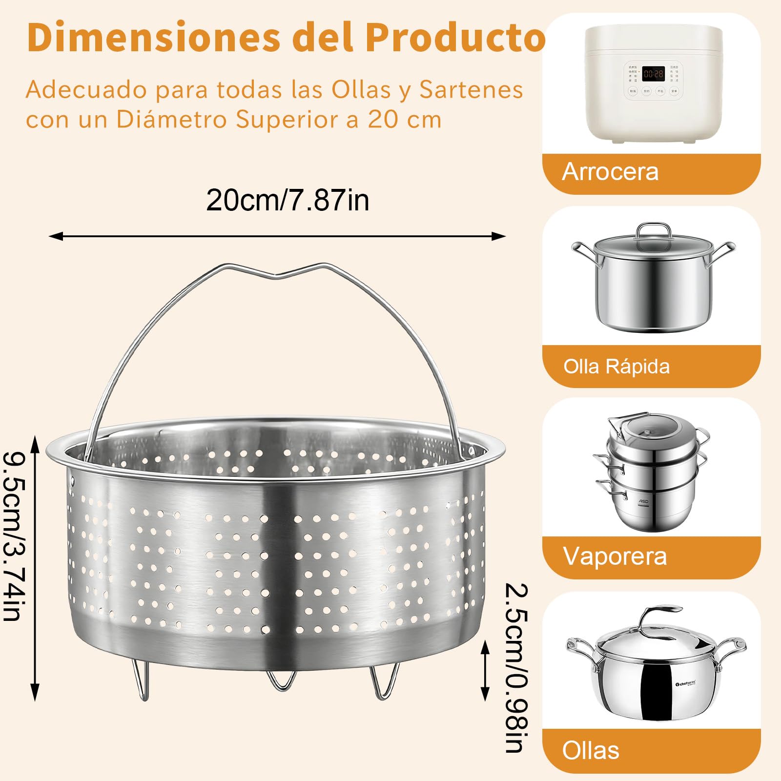 Cesta de Vapor Acero Inoxidable 304 20 cm Vaporera Multiusos para Cocinar