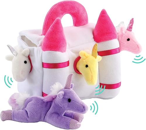 Miniatura 1 de Juego de unicornios mágicos y castillo con sonidos, 5 piezas de animales de peluche pequeños de unicornio más portador de castillo mágico con asa,