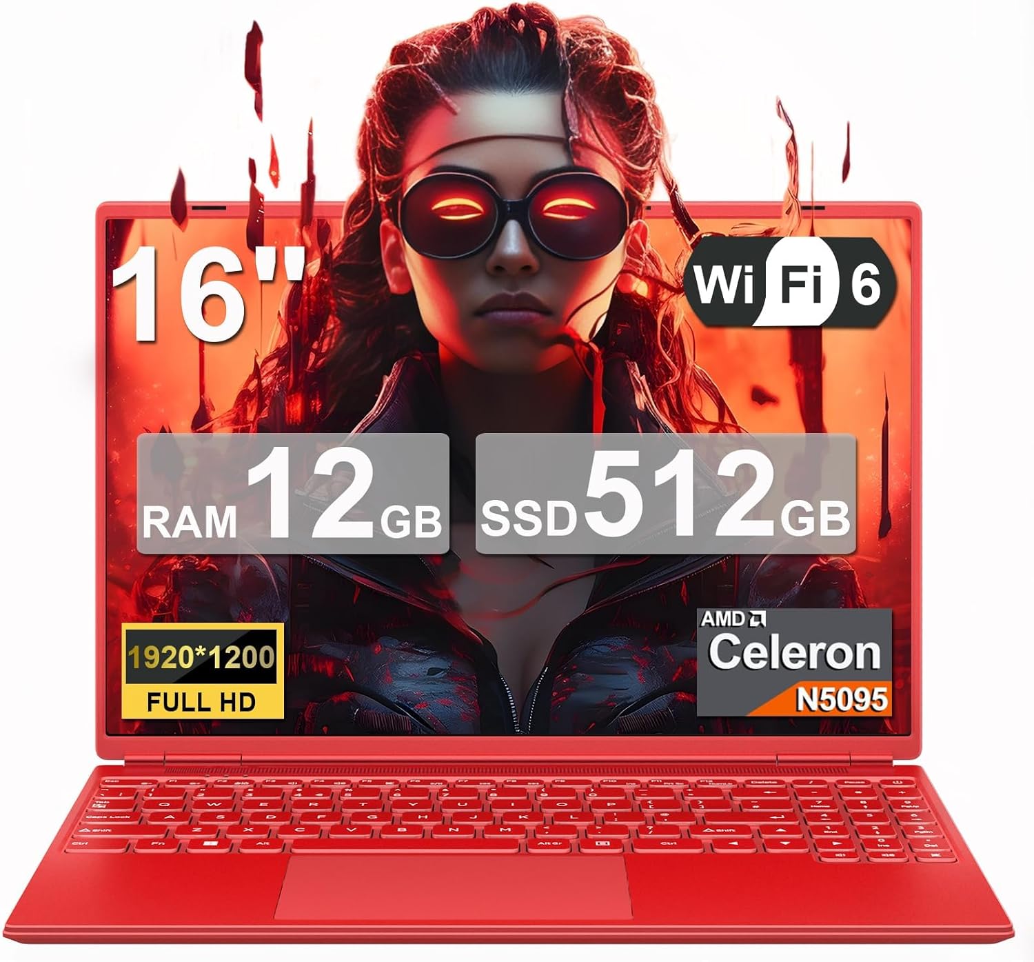 Laptop 16″ 12GB+512GB SSD Celeron N5095 Up to 2.9 GHz Win 11 Laptop Support 512GB TF 1TB SSD Expand Notebook with 1920*1200 FHD 5G WiFi BT 4.2 Webcam Cooling Fan for Students and Business-Red