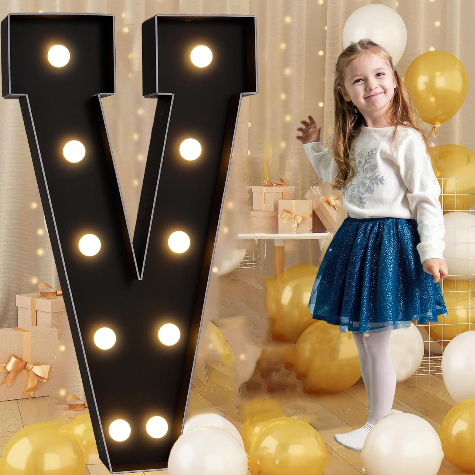 Black Marquee Light Up Letter V, Letter LED Light Sign Pre-cut Foam Glowing Mosaic Light Decor for Birthday Proposal Anniversary Wedding, 120CM/4FT — image 1