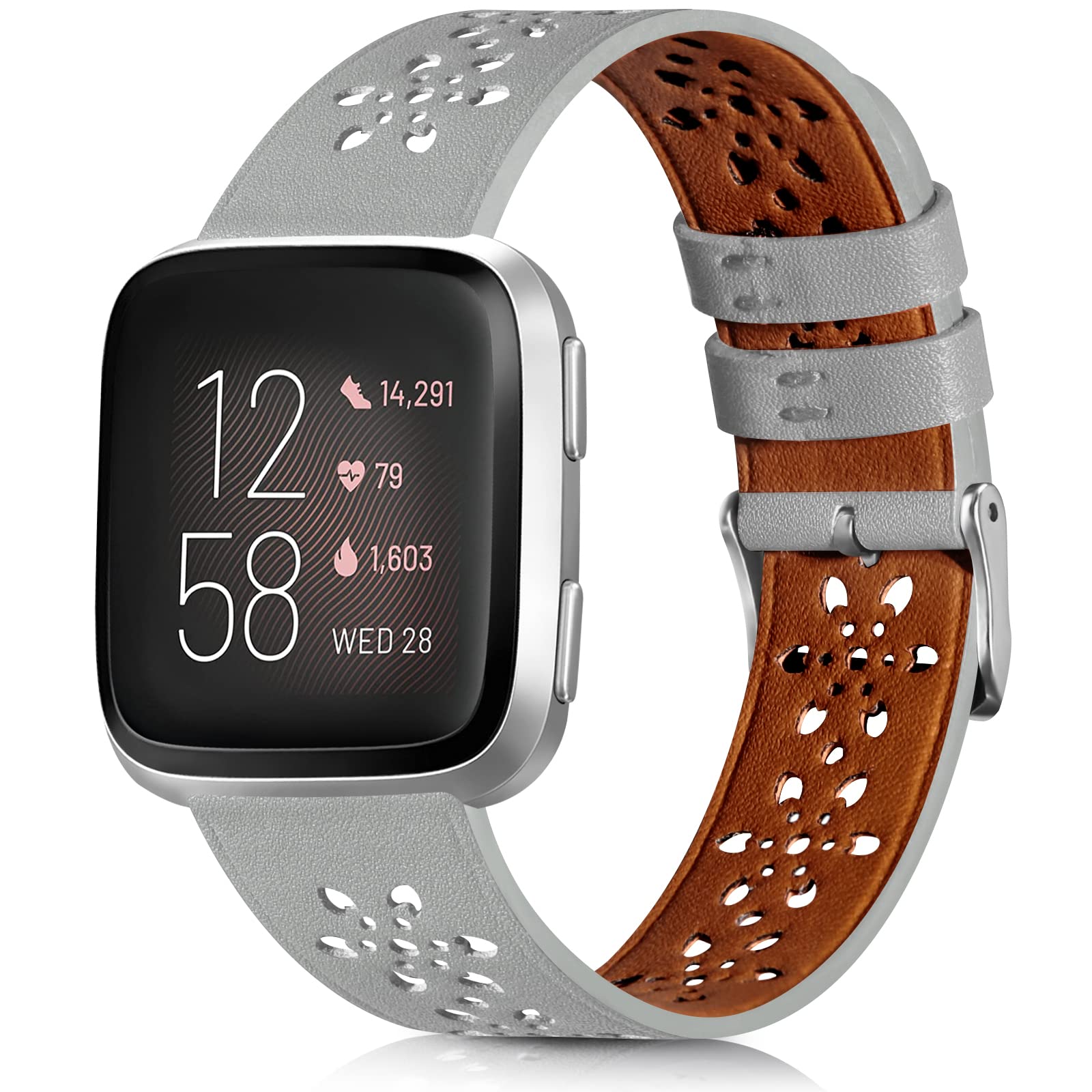 Correa de cuero compatible con Fitbit Versa 2 Band/Fitbit Versa Band/Fitbit Versa SE/Versa Lite Fitness Smart Watch Pulseras para mujeres y hombres, correa de repuesto de cuero suave con diseño de