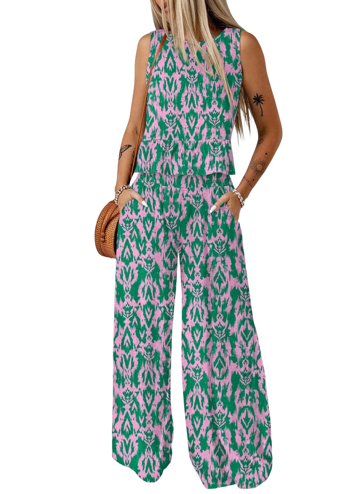 Dokotoo Womens 2 Piece Outfits Tank Tops Elastic Waist Wide Leg Pants Sets