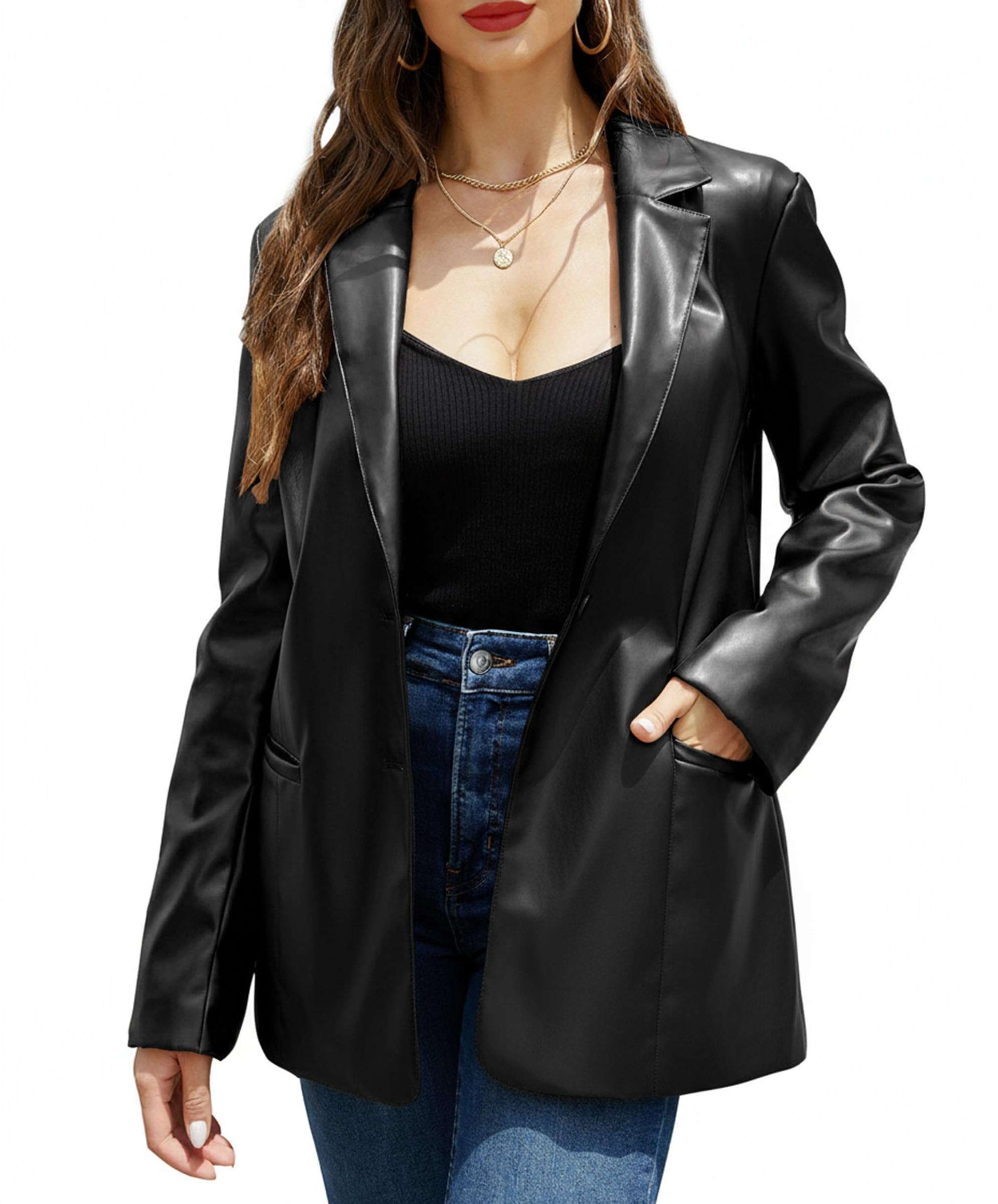 risissida Women Faux Leather Blazer Jackets/Shacket for Spring and Fall Fashion, Vegan Leather Button Down Shirts/Coats-picture-44