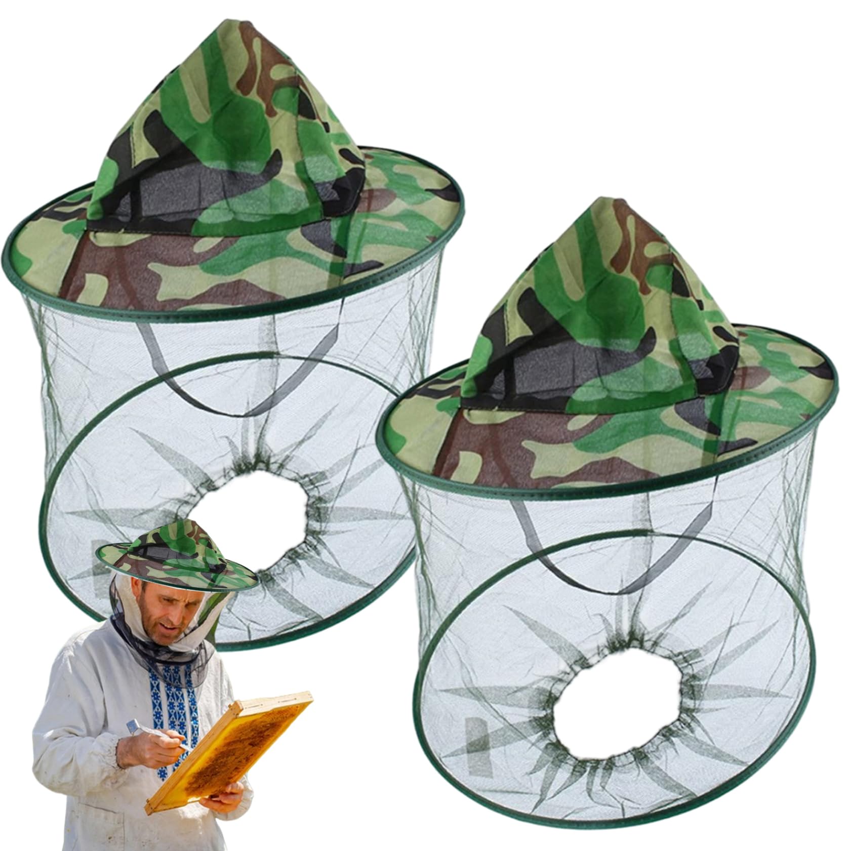 AEIOFU Bee Keeper Hat, 2PCS Wide Brim Mosquito Net Hat, Camouflage Sun Cap with Mosquito Head Net for Outdoor Fishing Beekeeping Supplies