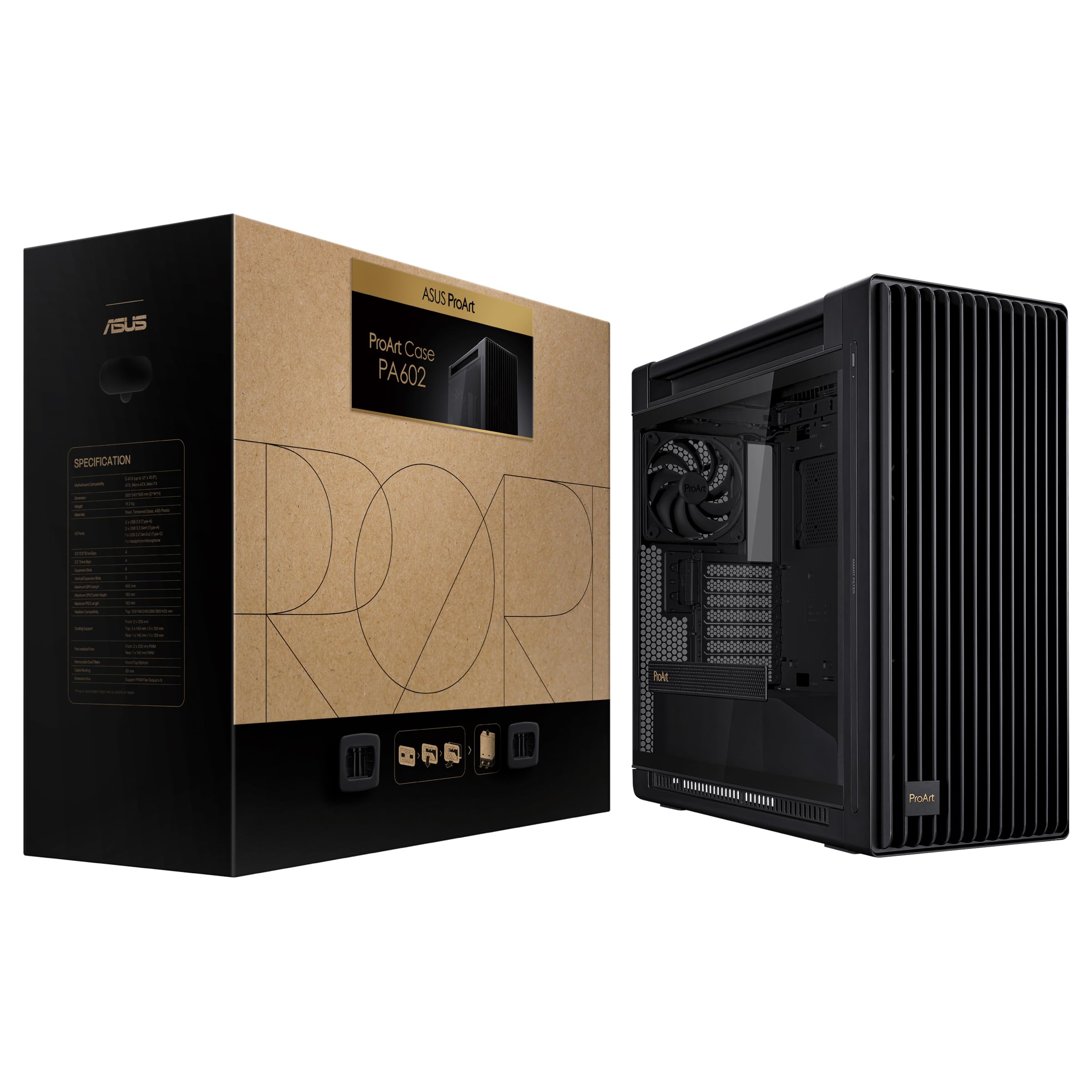 ASUS PROART PA602 TG PWM BLACK Case Gaming E-ATX, obudowa ze szkła hartowanego, uchwyt do radiatora 420 mm, wentylatory 140 mm i 200 mm, czujnik pyłu na podczerwień, boczny wylot powietrza, czarny