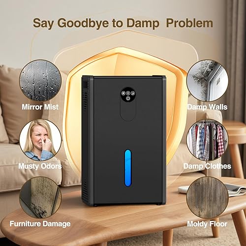 Miniatura 5 de Deshumidificador, deshumidificador de tanque de agua de 72 onzas para el hogar, deshumidificador de 1076 pies cuadrados para sótano, baño,