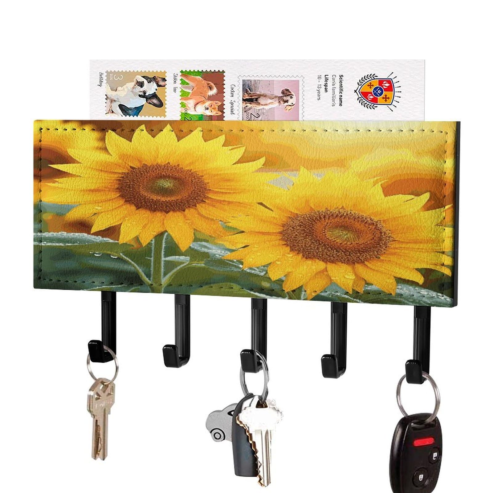 LDGSUPH Sunflower Flowers Key Holder Wall Mount Key Hanger with 5 Hooks Fashion Key Organizer Rack Hanging Key Hooks with Mail Organizer Key Rack for Home Entryway Hallway Black-Style