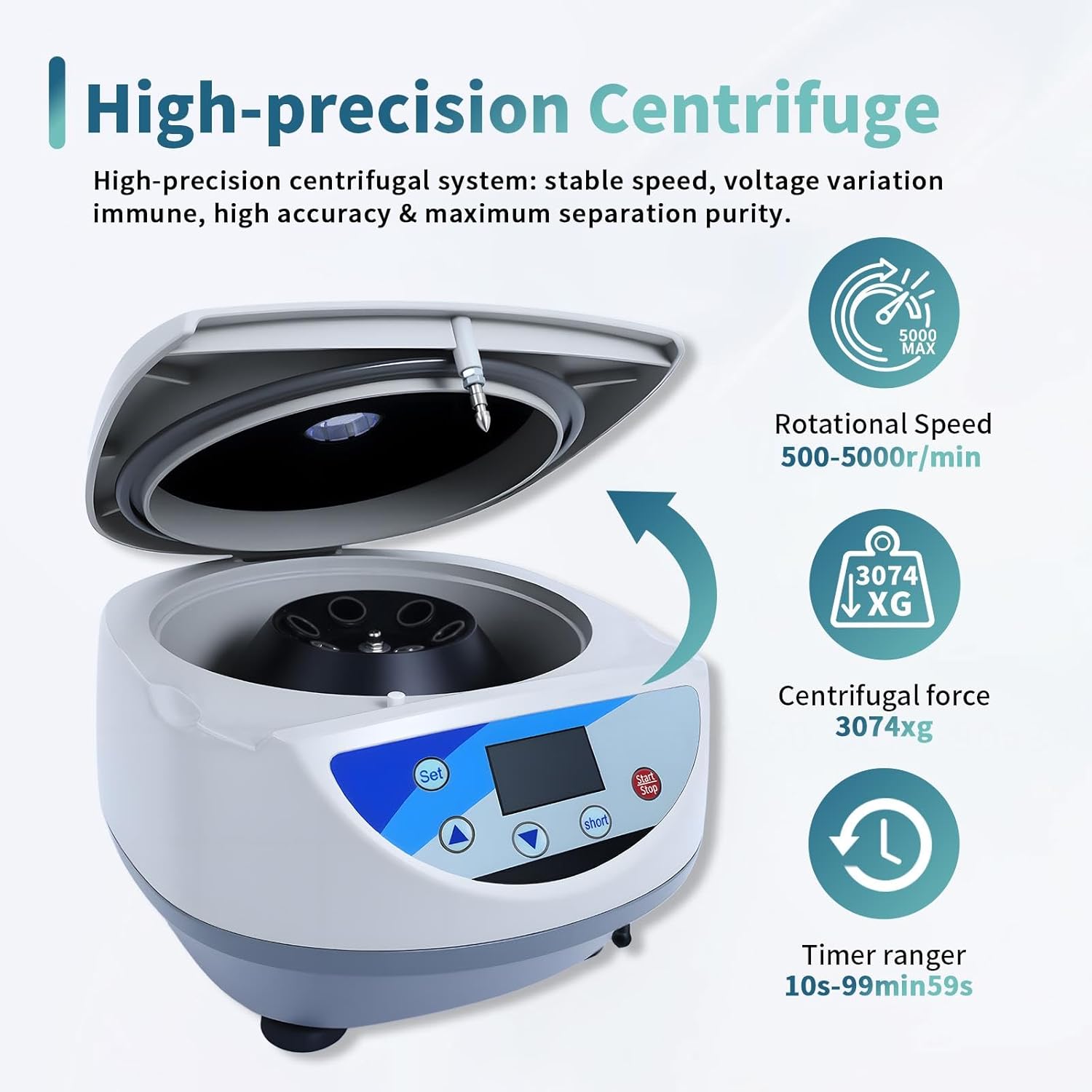 Digital Benchtop Centrifuge 500-5000 RPM,Lab Centrifuge Machine with 6 x 10/15ml Tube Capacity, Max 3074 RCF, Quiet Operation for Laboratory Equipment