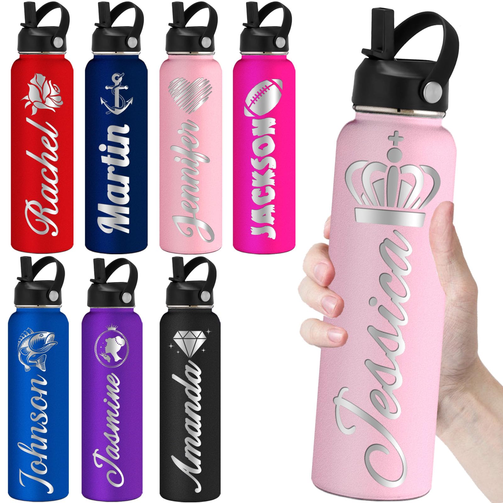 kioskbanks Personalized Water Bottles with Straw 24oz Custom Engraved Water Bottle for School Customized Name Double Wall Insulated-Pink — image 1