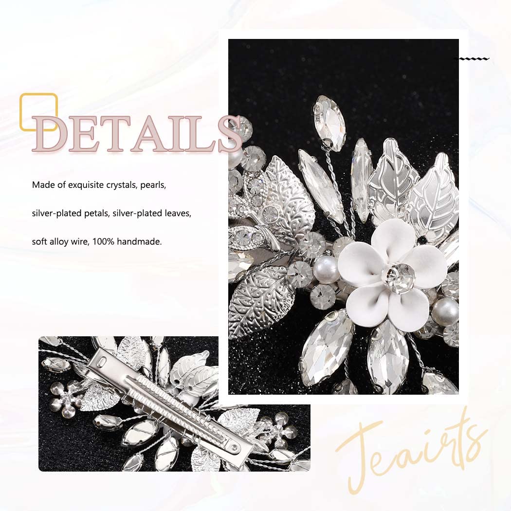 Jeairts Flower Rhinestone Wedding Hair Barrette Silver Floral Bridal Hair Accessories for Women - Image 6