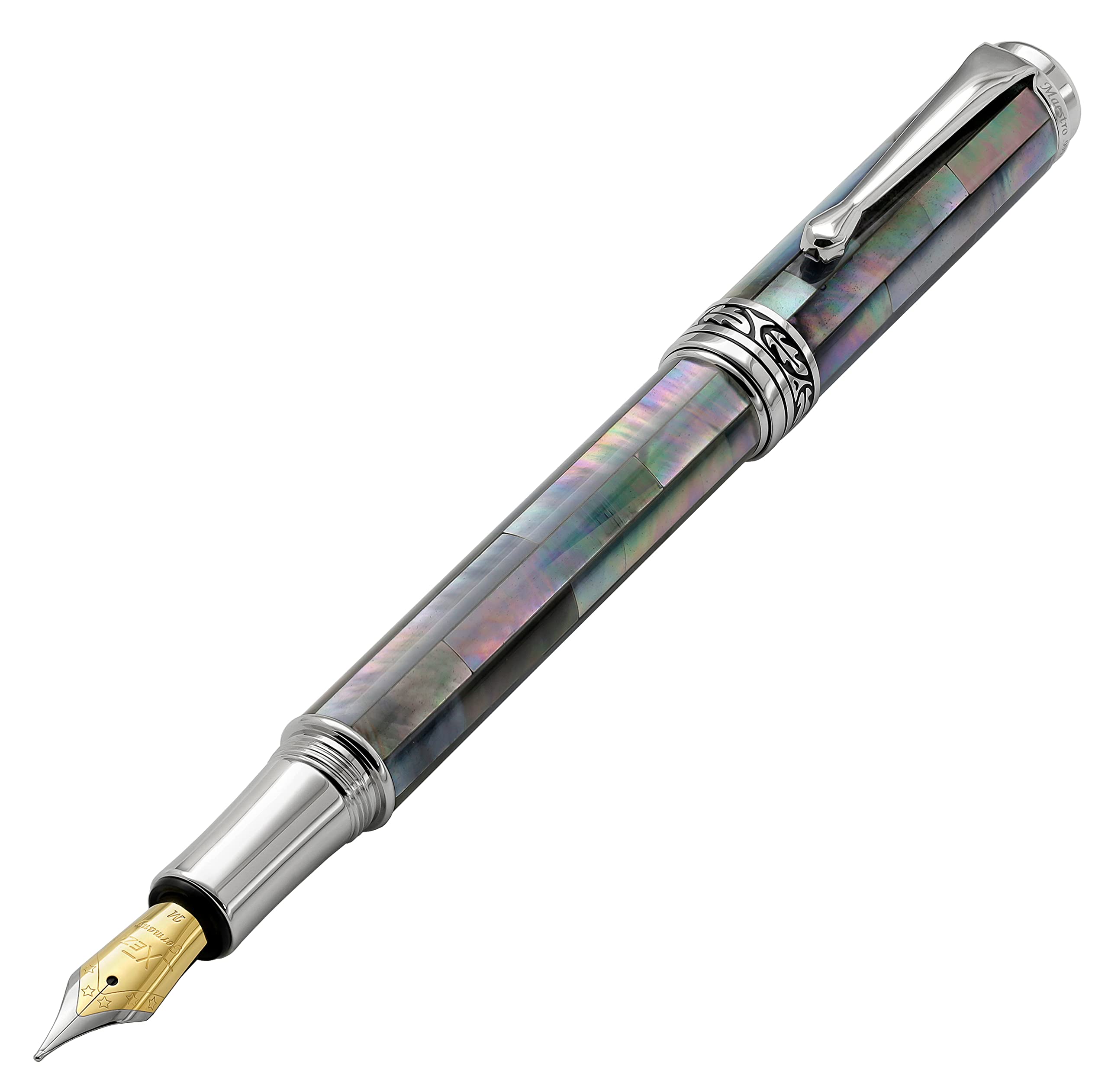 Xezo Maestro Fountain Pen, Medium Nib. Handcrafted with Black Mother of Pearl Inlay. Platinum Plated. Limited Edition, Serialized. No Two Alike