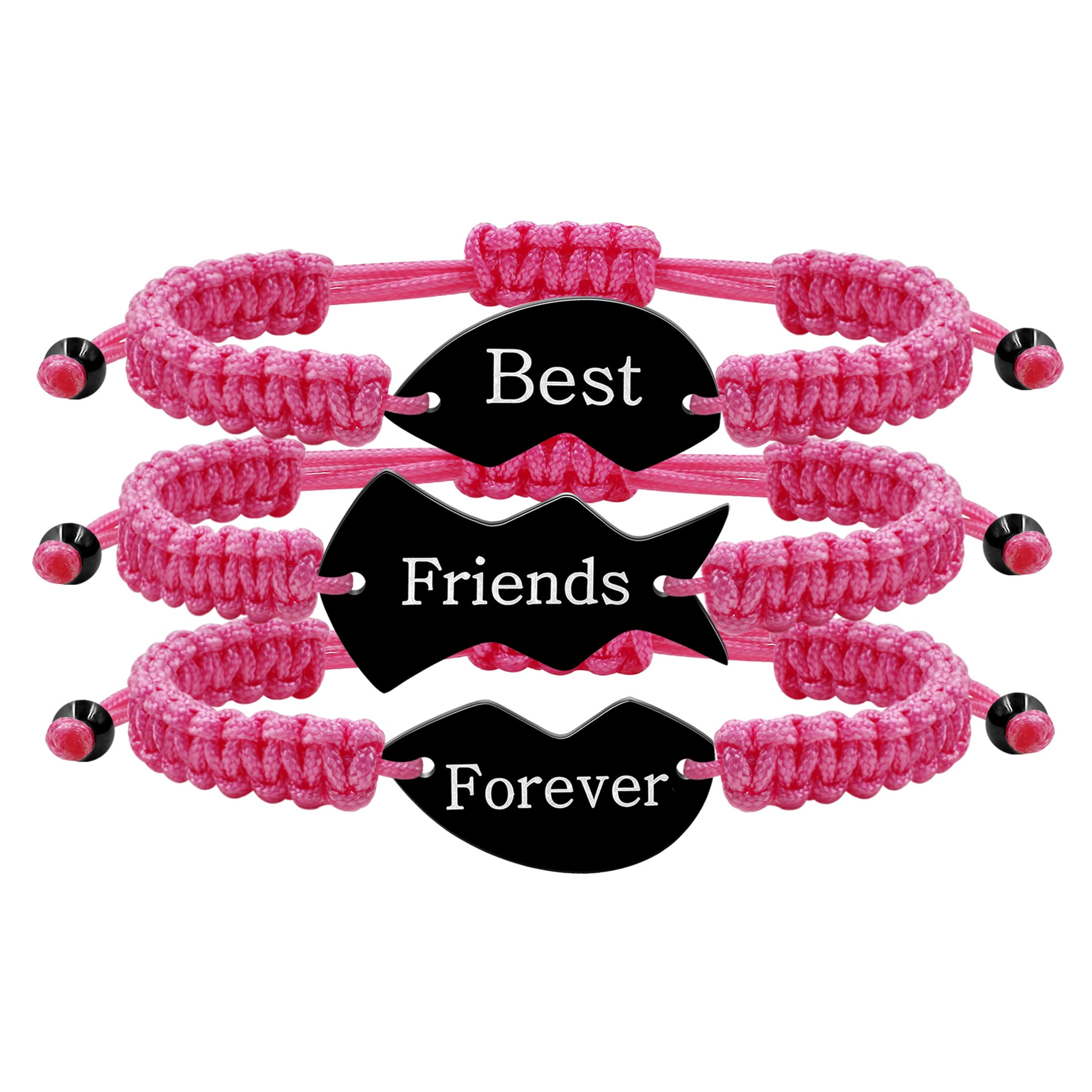 BFF Matching Bracelets Set of 3 - Braided Heart Puzzle Charm Friendship Jewelry for Best Friends, Couples | Engraved Long Distance Gift for Women &amp; Men