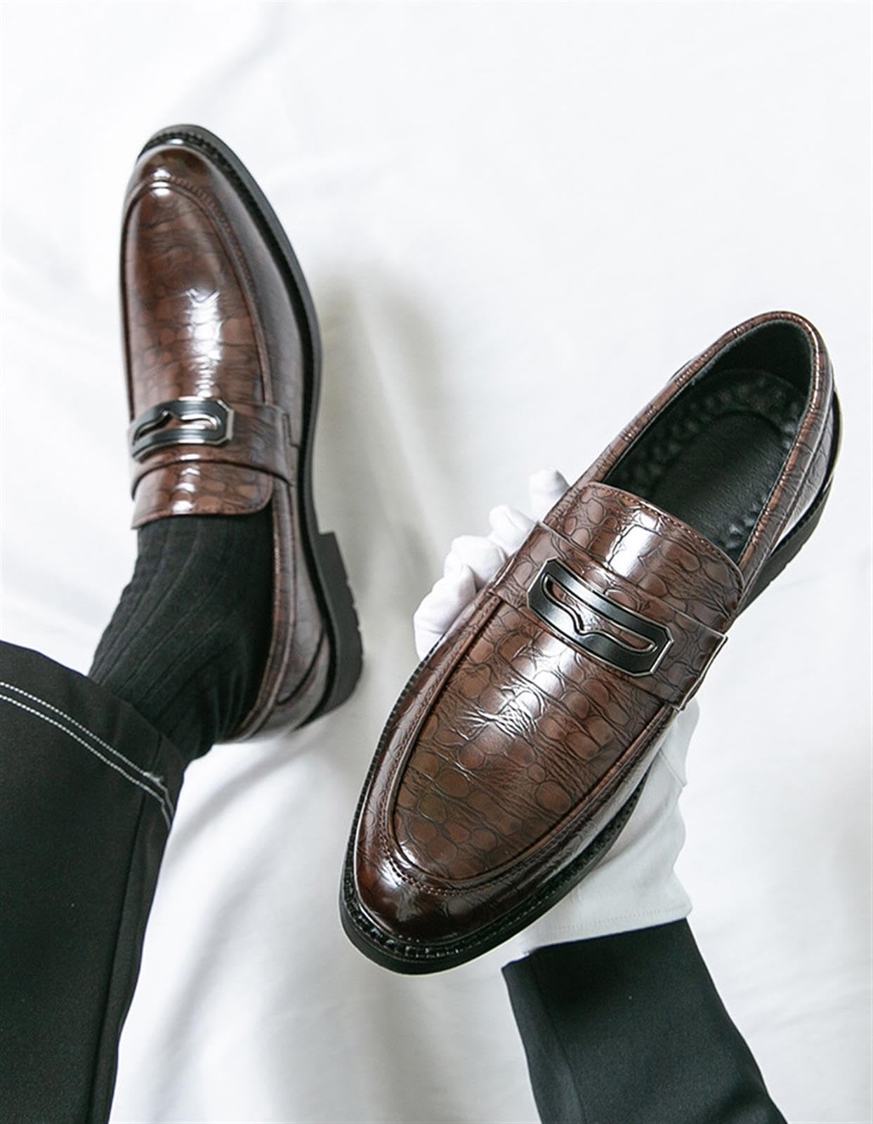 Mocasines Hombre Piel Patrón Cocodrilo, Zapatos de Vestir Casuales con Hebilla de Metal para Oficina Boda Fiesta Trabajo