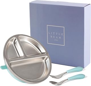 Stainless Steel Baby Suction Plate Bundle - Toddler Plate Set with Self Feeding Baby Utensils, Toddler Fork & Spoon - Make Meals Fun & Stop Spills with Our Stainless Steel Plates for Kids - Light Blue