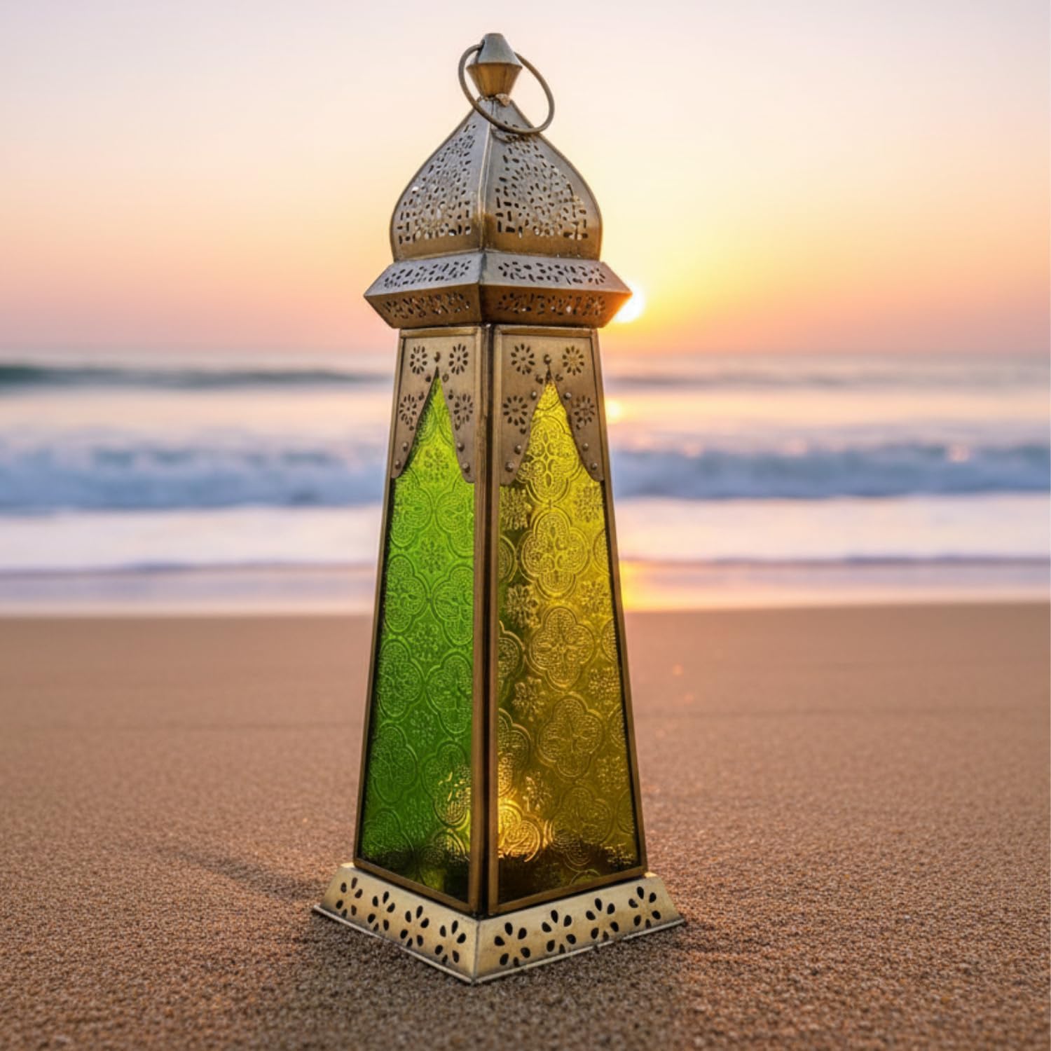 Souq DESIGNS Moroccan Metal Lantern - Ramadan Lantern Decor, Arabic Lanterns for Indoor & Outdoor Use, Garden & Floor, Gold & Rose Gold Lanterns1 pc (Large Lantern Green Yellow)