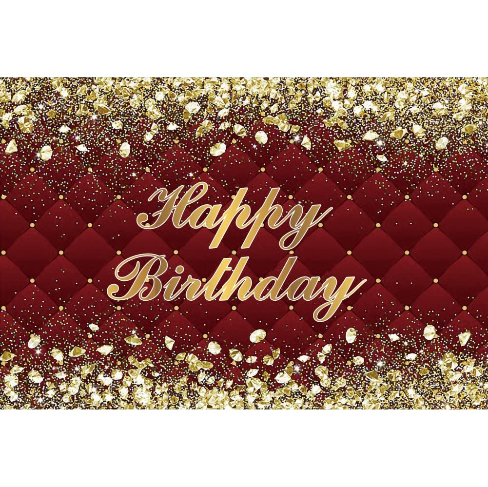 Renaiss 5x3ft Happy Birthday Backdrop Banner for Photoshoot Gold Diamonds Royal Red Photography Background for Men Women 30th 40th 50th 60th 70th 80th