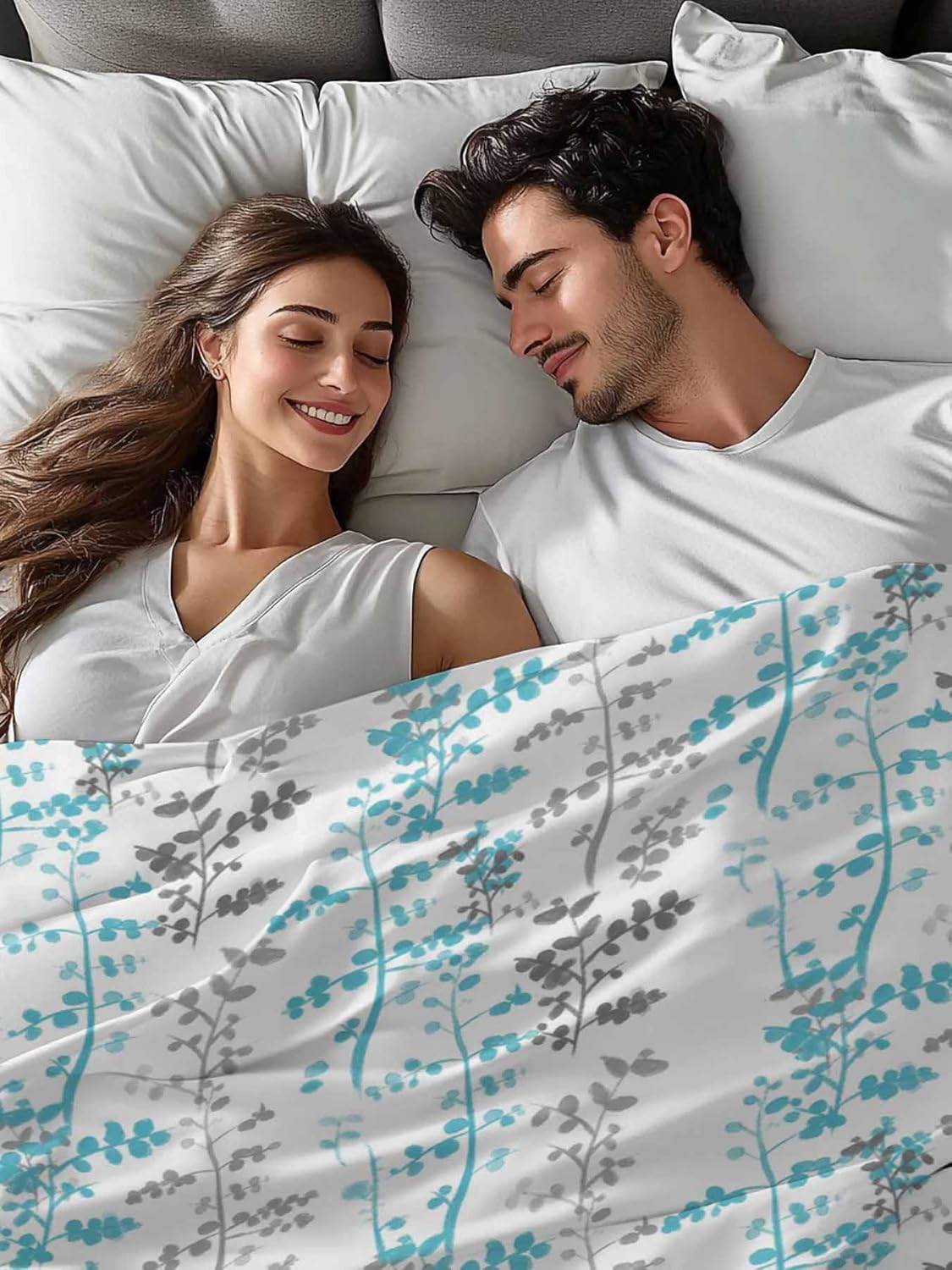Aqua Grey Botanical Twin Size Flat Sheet Only, Hotel Luxury Microfiber Bed Top Sheets, Spring Floral Summer Farmhouse Soft Breathable Bedding Sheet for Bedroom, Easy Care - 66" x 96"