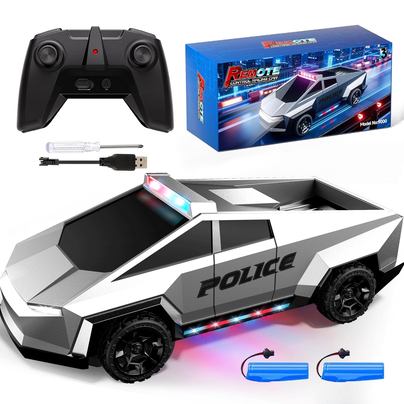 Tecnock Remote Control Car for Kids, 1:18 Scale Police Remote Control Truck with LED Lights, 2 Rechargeable Batteries, 2.4GHz All-Terrain RC Car, Toys Gift for Boys Girls Age 3-12+