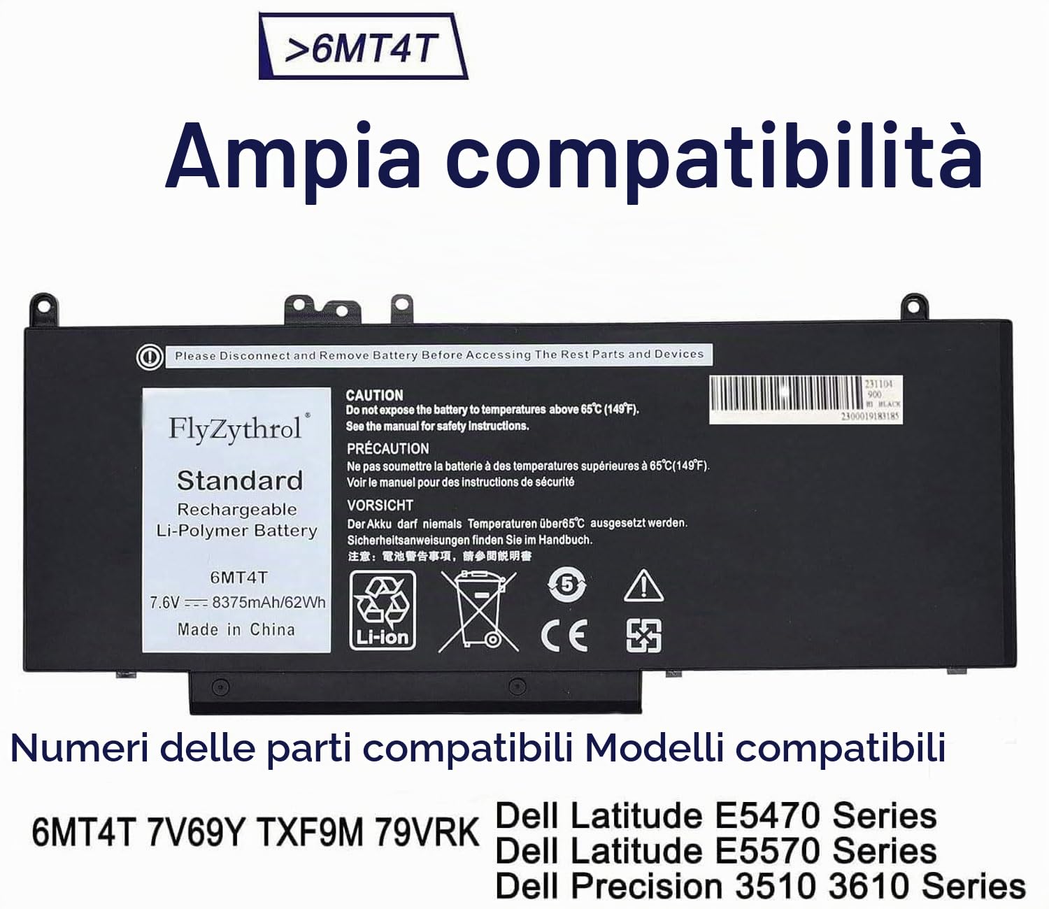 62Wh 6MT4T Batteria compatibile con dell Latitude E5470 E5570
