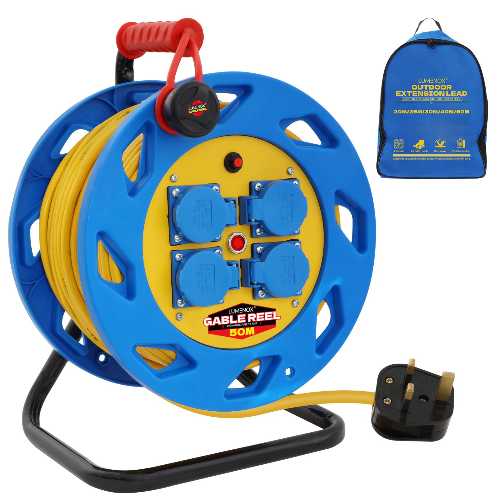 50M Outdoor Extension Lead,4 Socket Heavy Duty Extension Reel,Thermal Cut-Out,13A Fused UK Plug,Ideal for Garden,Lawn Mower,Office Use