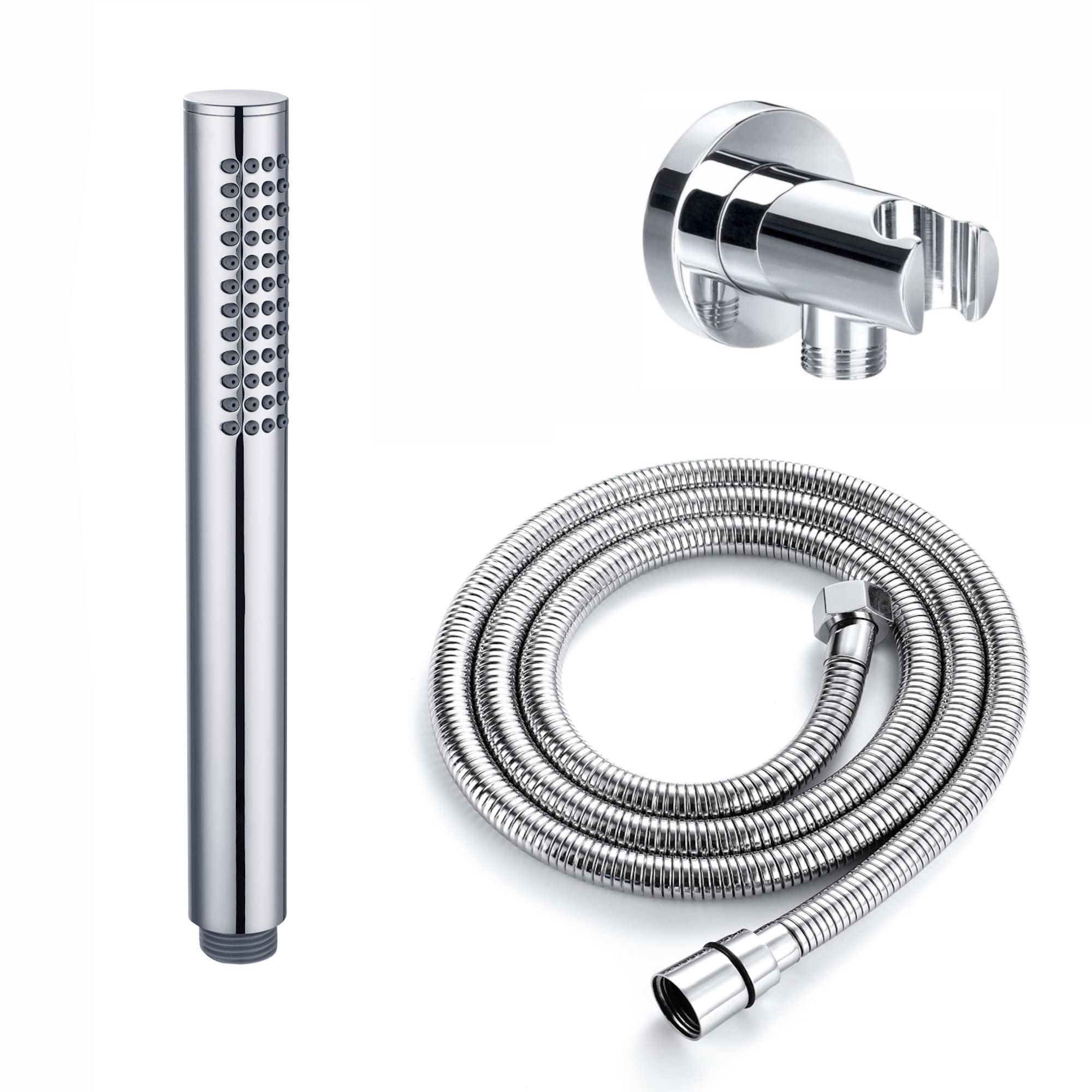 ENKI, EO017, Premium Round Pencil Hand Shower with Silicone Jets Kit Incl. Hose and Wall Bracket with Outlet, Chrome
