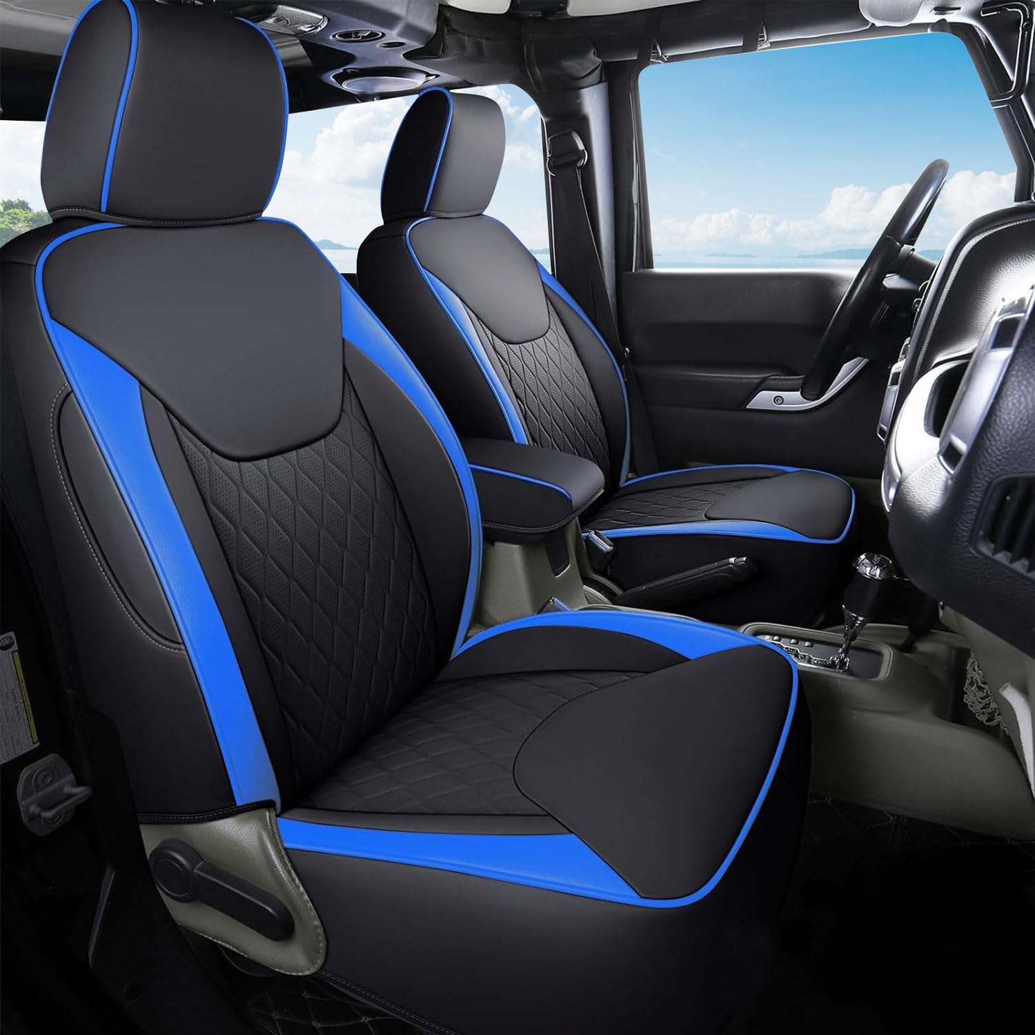 Coverado Seat Covers for Jeep Wrangler JK JL, Leather Front Seat Covers for Truck Automotive Seat Covers Custom Fit for 2007-2024 Jeep Wrangler 2-Door/4-Door（Blue）