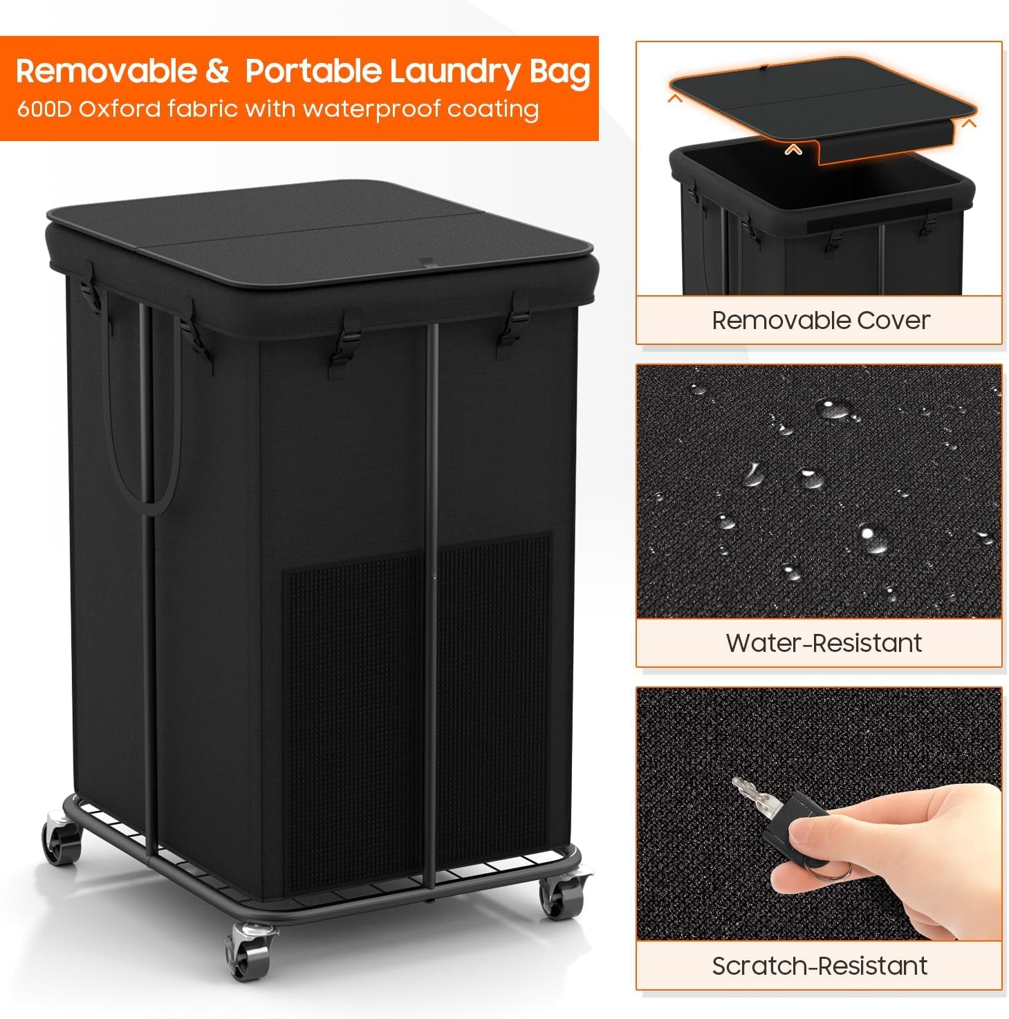 150l Laundry Hamper with Lid, Rolling Laundry Basket with Wheels, Large & Tall Dirty Clothes Hamper with Metal Frame and Removable Bag for Bedroom Aesthetic, Laundry Room, Bathroom, Dorm-Black