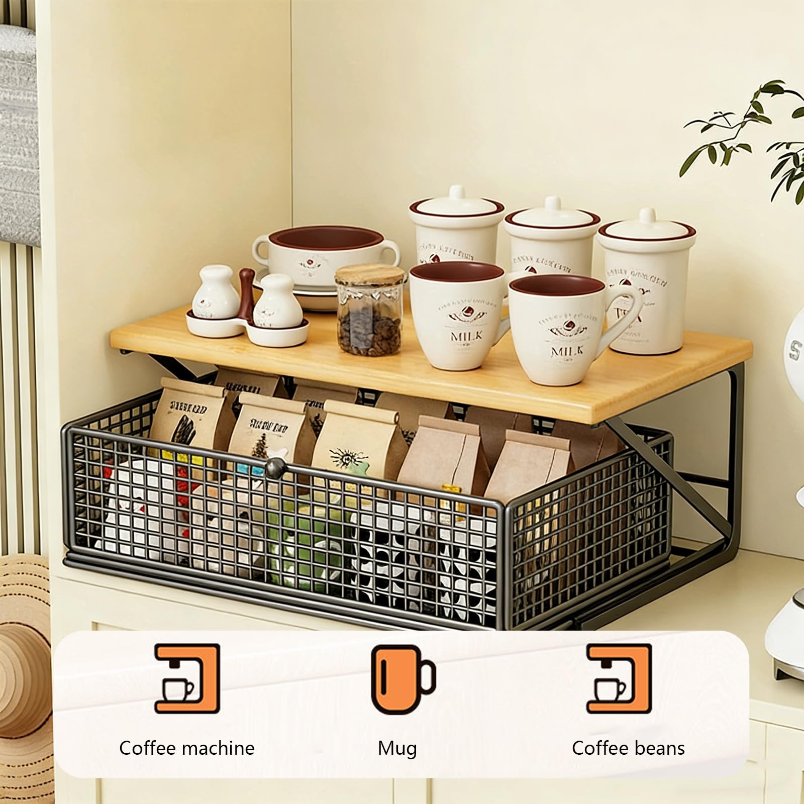 1-Eben Metall Küchenorganizer Arbeitsplatte, Ausziehbare Schublade, Multifunktionaler Tisch-Aufbewahrungsregal für Snacks, Teebeutel & Kleingeräte, Platzsparender Organizer (Schwarz+Naturholzfarbe)