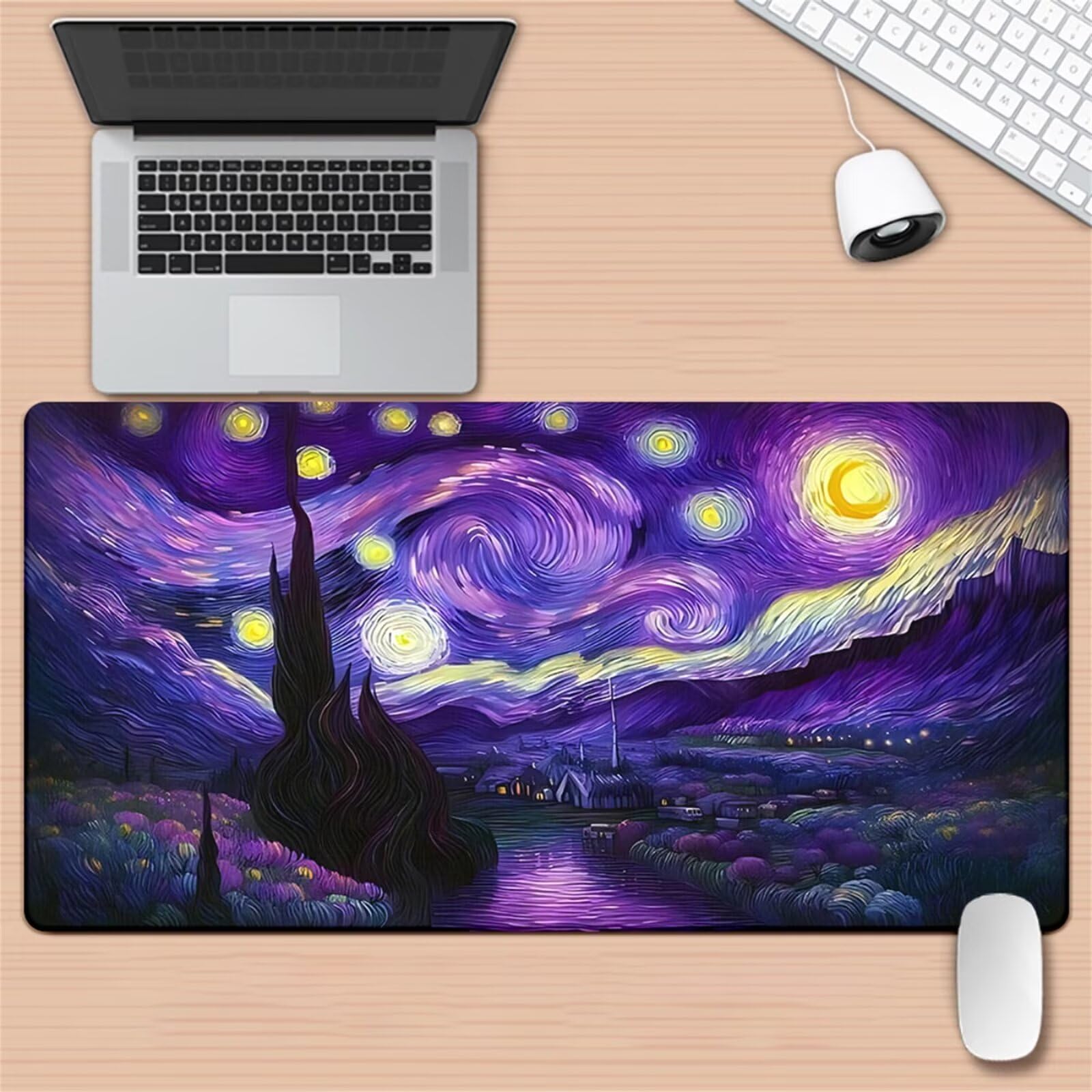 Tappetino per Mouse da Gioco XXL 1200x600x3 mm, Desk Pad Grande con Bordi Cuciti, Base in Gomma Antiscivolo, Accessorio per Ufficio e PC (Paesaggio Notturno Stellato)