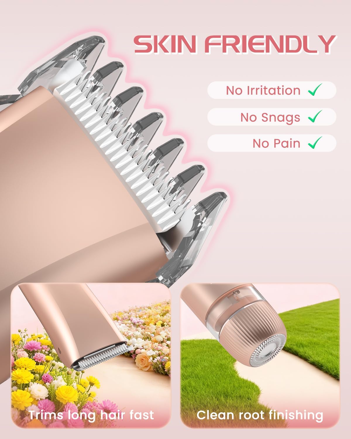 Bikini Trimmer for Women, Painless Dual Head Shaver for Sensitive Skin, IPX7 Waterproof for Safe Shower, USB-C, Detachable Head, Portable 2 in 1 Electric Razors for Pubic Hair, Rose Gold - Image 4