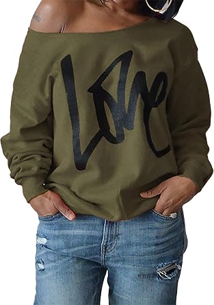 BOFETA Womens Off The Shoulder Sweatshirts Funny Love Letter Printed Long Sleeve Pullover Shirt