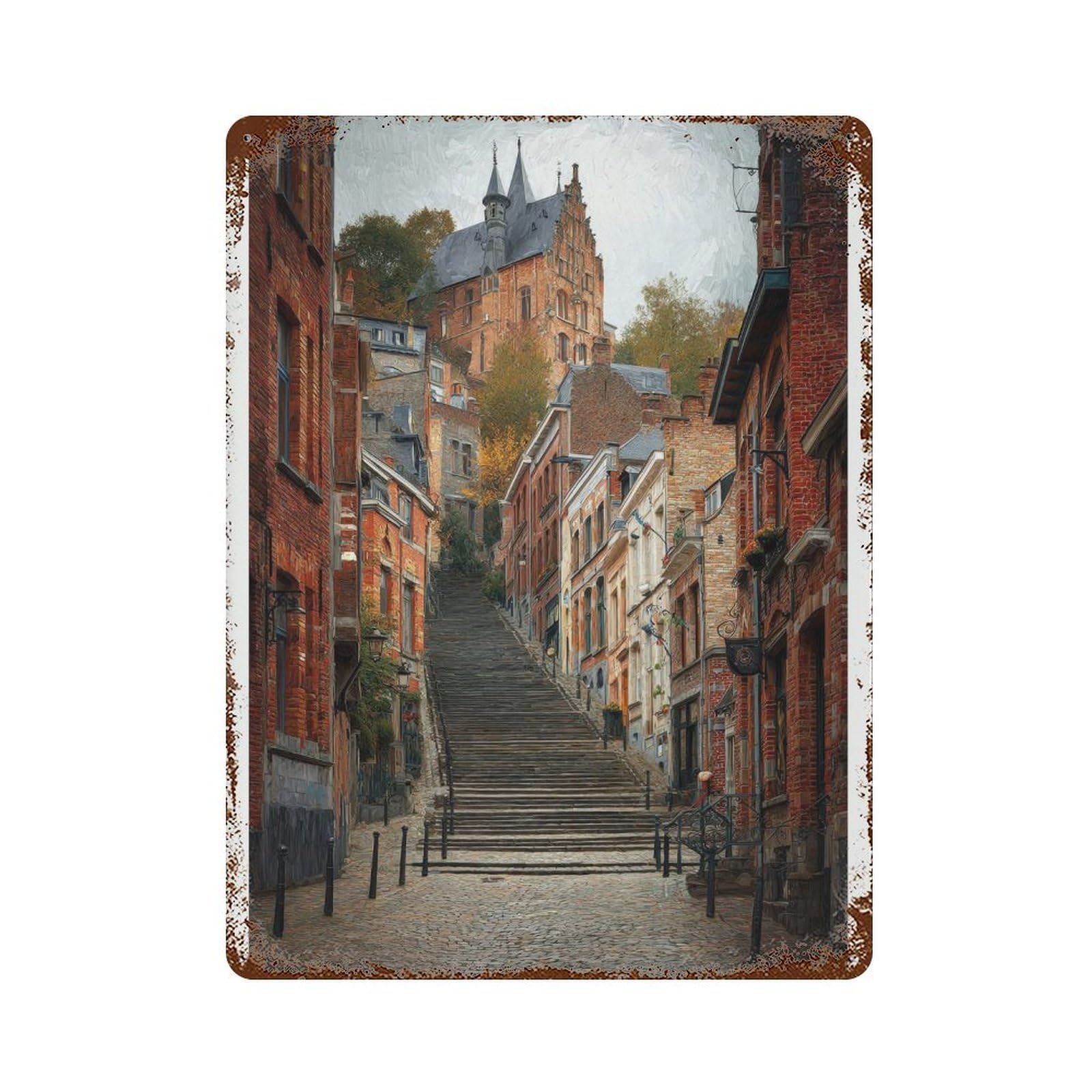 xiaoxiaoshen Liège Belgium Watercolor Travel – Historic Stairway Old Town Wall Decor Art Metal Tin Poster Modern Home Decor Art Home Bar Shop Decorations Vintage Sign 40x30cm