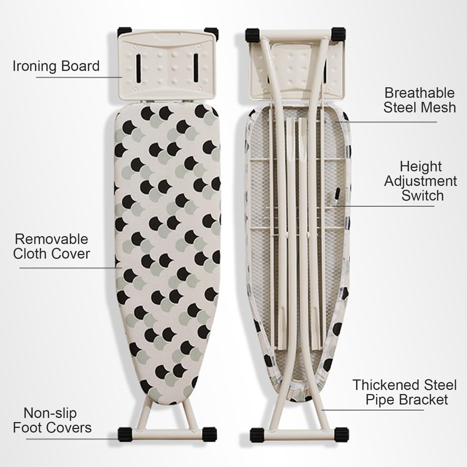 Tabla de Planchar Plegable de Altura Ajustable, Ironing Board de Pie con Soporte para Plancha, Patas Antideslizantes y Soporte para Mangas(Medium)