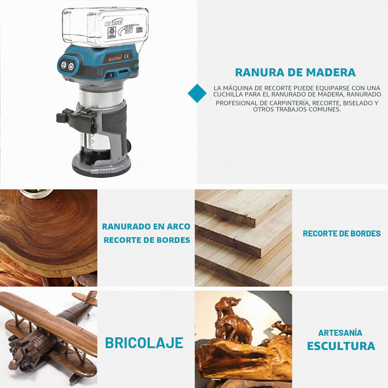 KATSU FIT-BAT 21V Brushless Recortadora Inalámbrica Cortadora de Madera Laminador Enrutador Router con 3 Pinzas de Mandril de 1/4", 6mm y 8mm, sin Batería 102750
