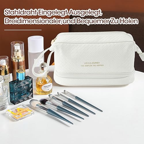 Miniatura 3 de Abiudeng Bolsa de maquillaje grande, bolsa de cosméticos de doble capa, bolsa de maquillaje de viaje, bolsa de maquillaje de cuero, bolsas de viaje