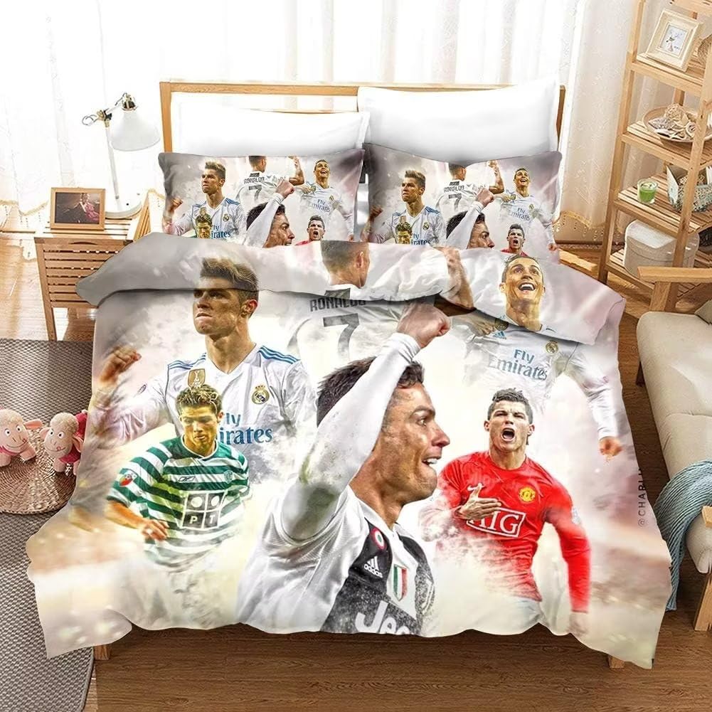 Shaari Duvet Cover Set Cristiano Ronaldo Soft Lightweight Microfiber 3 Piece Bedding Set with 2 Pillowcase Kids Quilt Cover with Zipper Closure Single 135 x 200 cm