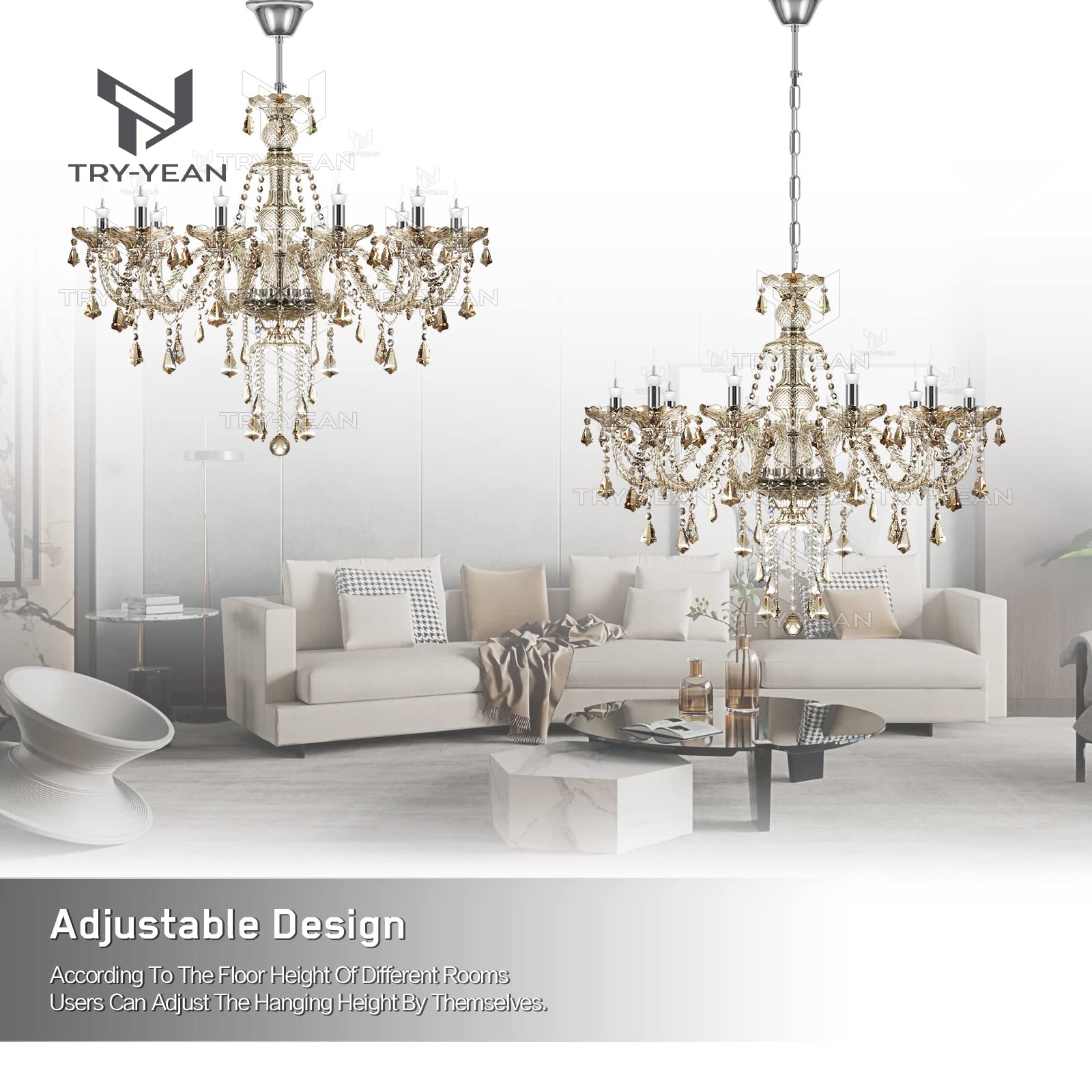 Lámparas de Araña de Coñac Lampara Cristal Colgante Clásico 10 Luces Lámparas Techo Lagrimas K9 Cristal Candelabro con Cadena Ajustable para Dormitorio, Salón, Comedor, Restaurante E14