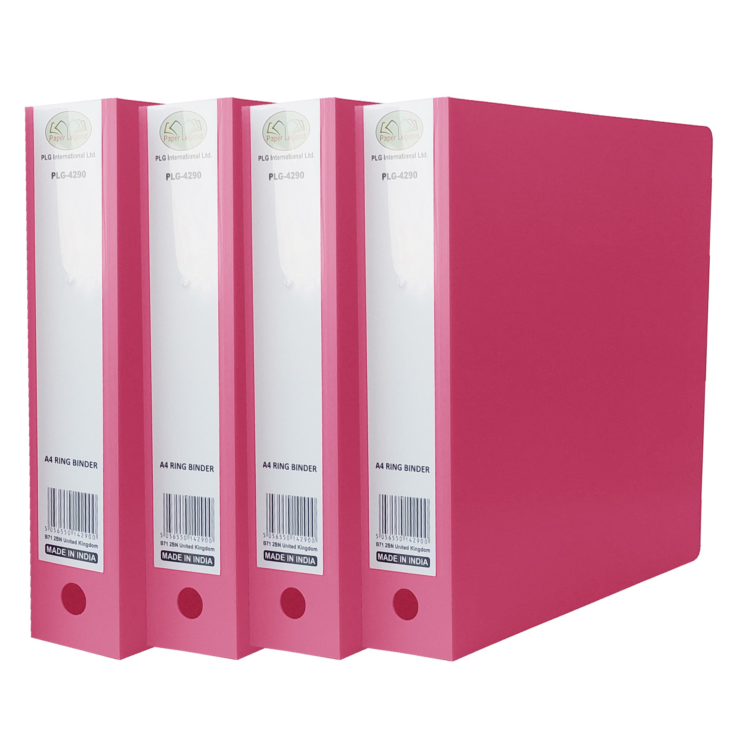 (Pack of 4) A4 Ring Binder File Folder Large Capacity Holds Up to 500 Sheets 65mm Spine with Finger Pull 2 O-Ring Premium Binder File for Business Document Organisation (Pink)