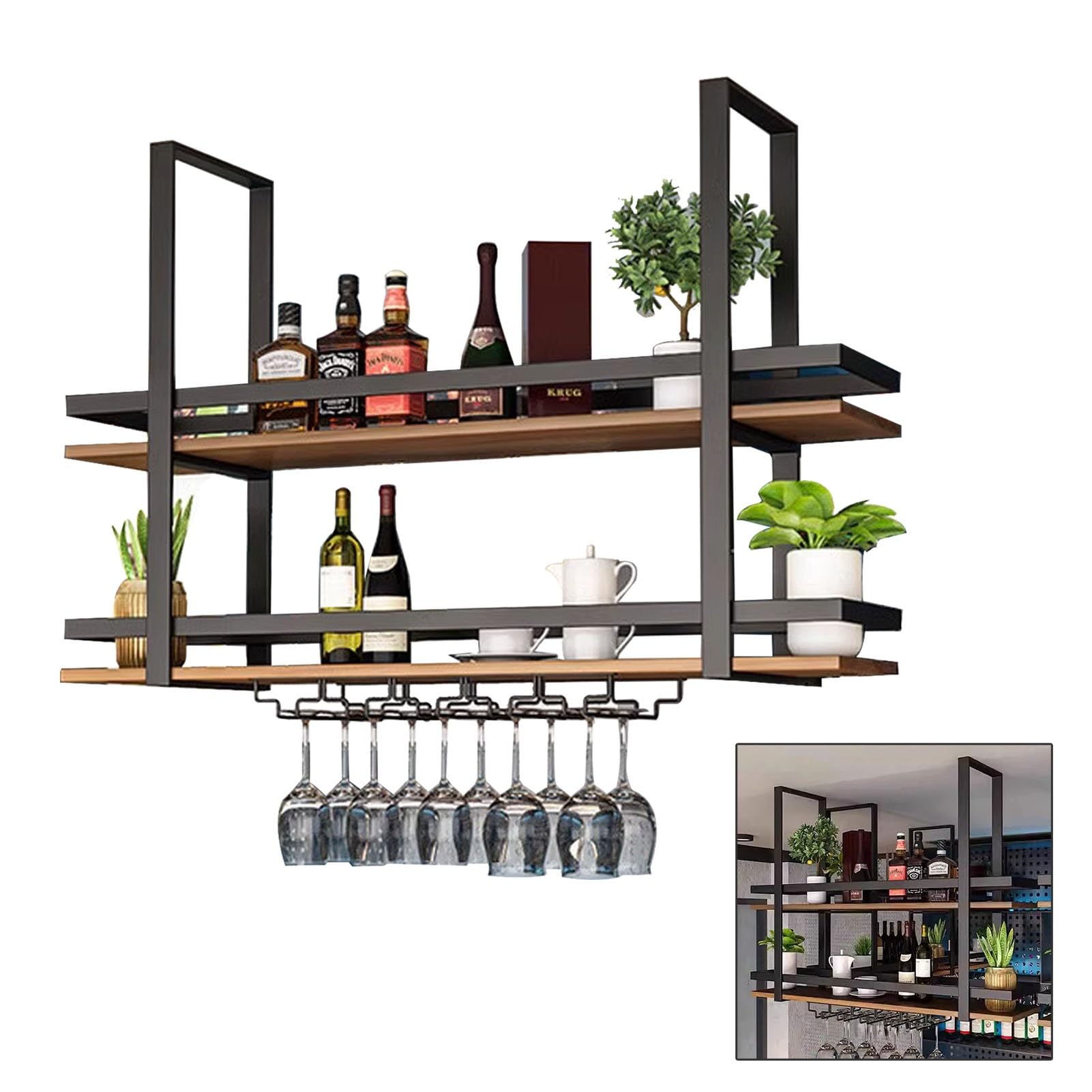 Étagère à vin flottante en métal noir 120x30 cm suspendue au plafond
