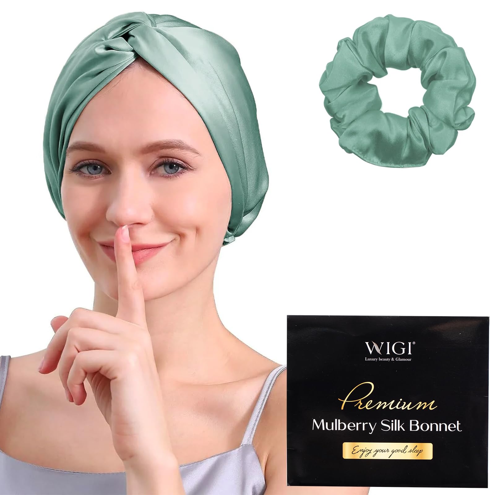 WIGI 100% Mulberry Silk Bonnet with Scrunchie Gift for Women, Silk Bonnet for Sleeping, Shower Cap Hair Bonnet, Silk Hair Wrap for Hair Care (100%