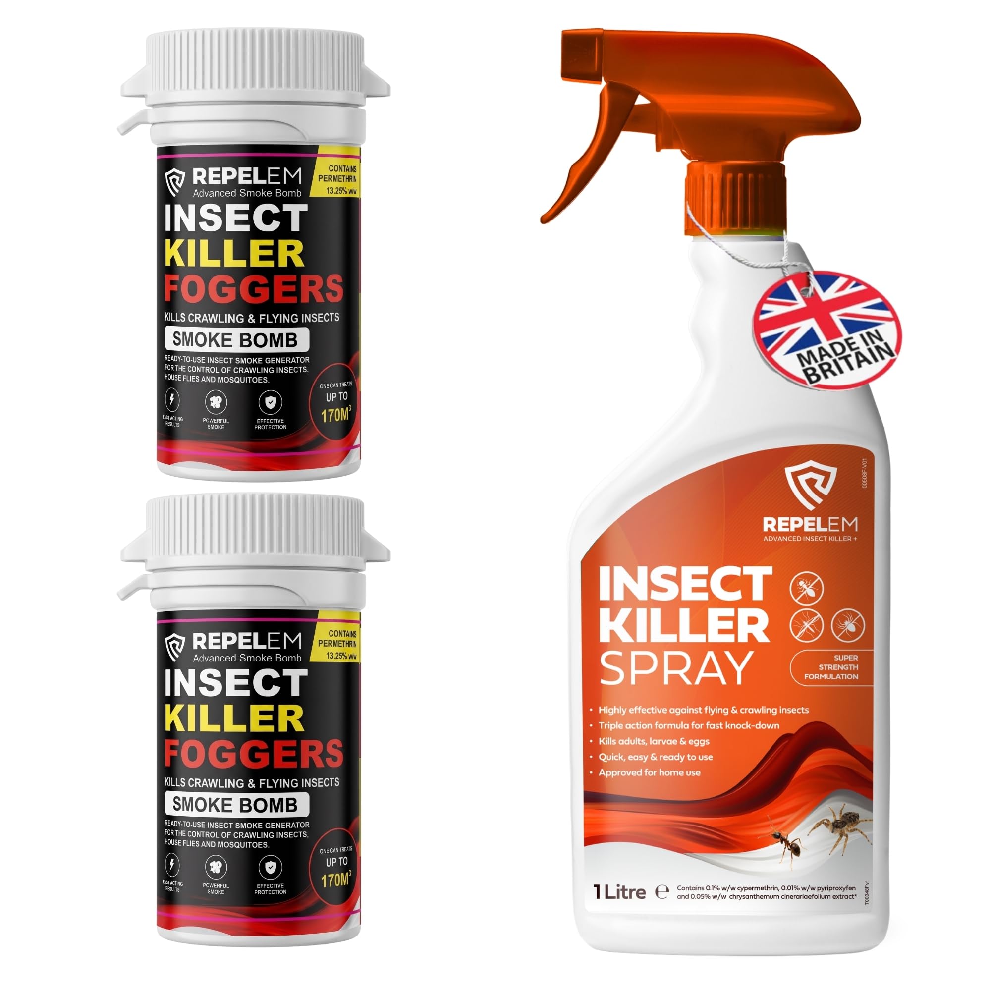 REPELEM Insect Killer Spray - Professional Strength Flying & Crawling Insect Treatment for The Home, Effectively Targets Flies, Ants, Spiders, 1L Insect Killer Spray with 2 Smoke Bombs
