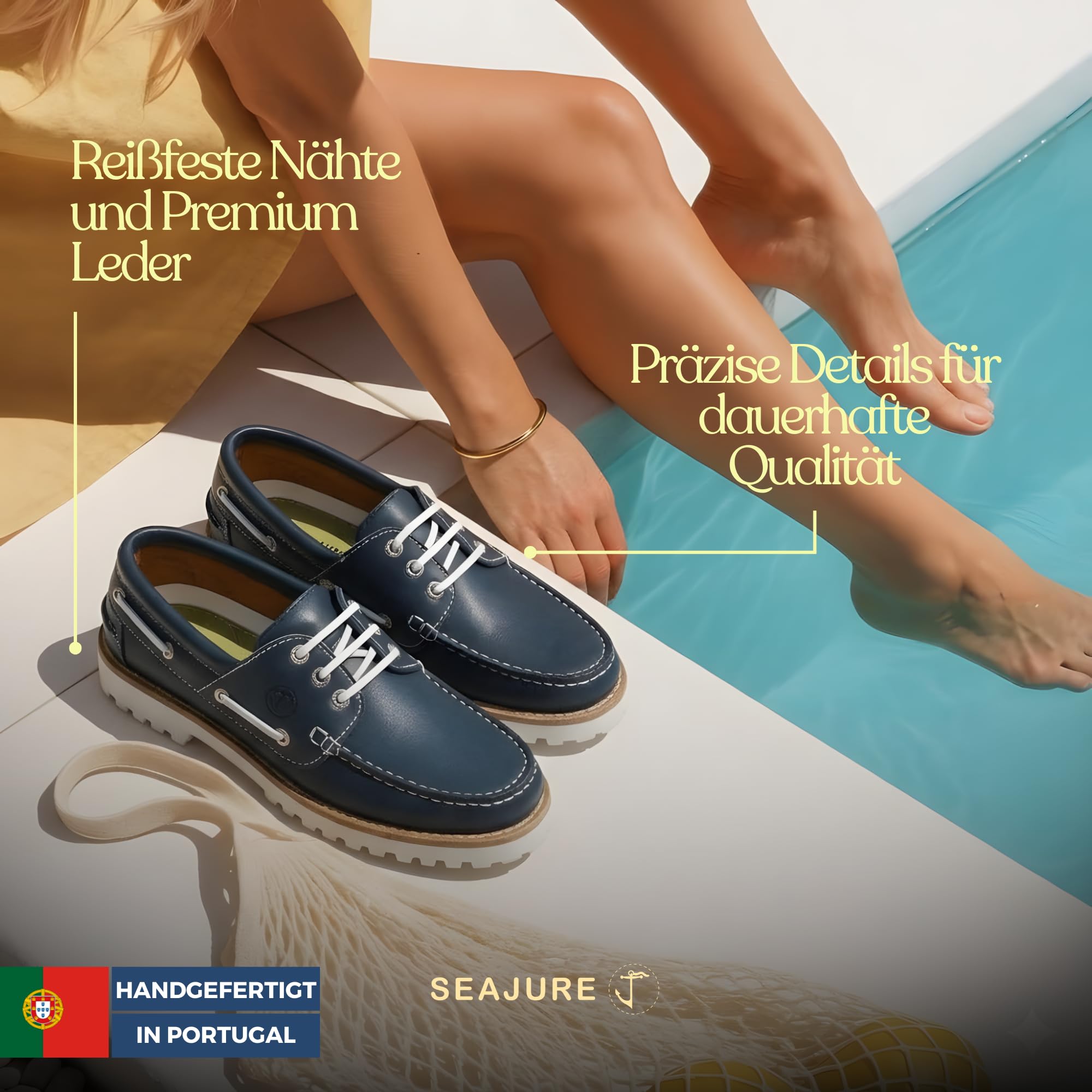 Seajure Sibang Bootsschuhe Damen Leder, Handgefertigte Segelschuhe und Mokassins, rutschfeste Gummisohle, Bequeme Maritime Sommer Slipper, Leichte Echtleder Schuhe in Marineblau/Weiß