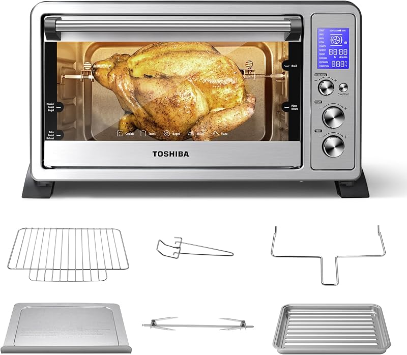 TOSHIBA AC25CEW-SS tostadora de convección grande de 6 rebanadas, encimera de horno, 10 en uno con tostadas, pizza y asaduría, 1500 W, acero inoxidable, incluye 6 accesorios