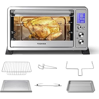 Toshiba Speedy Convection Toaster Oven Countertop with Double Infrared Heating, 10-in-1 with Toast, Pizza, Rotisserie, Larger 6-slice Capacity, 1700W, Black Stainless Steel, Includes 6 Accessories