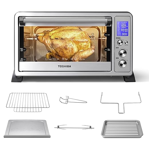 TOSHIBA AC25CEW-SS Large 6-Slice Convection Toaster Oven Countertop, 10-In-One with Toast, Pizza and Rotisserie, 1500W, Stainless Steel, Includes 6 Accessories