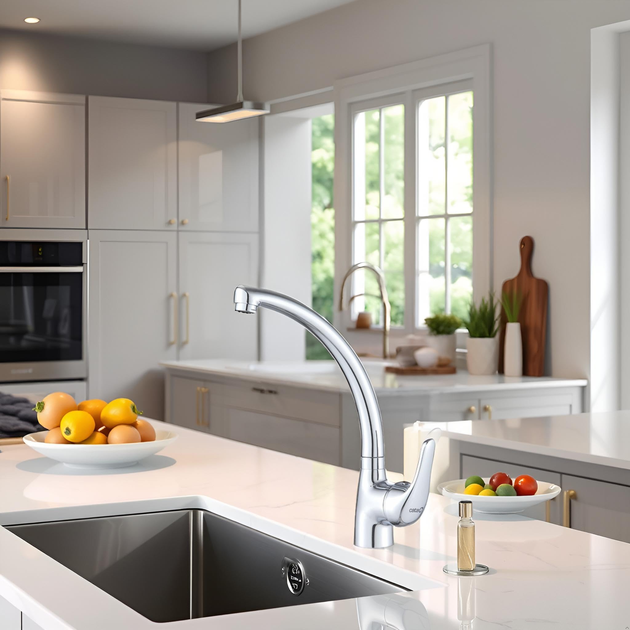CATA Grifo De Cocina CBA CROMO/E Monomando Caño Alto Giratorio 360º Acero Inoxidable Aireador Anticalcáreo Cartucho Cerámico Apertura En Frío Reductor Caudal 5L Conexión Flexible Acabado Inox