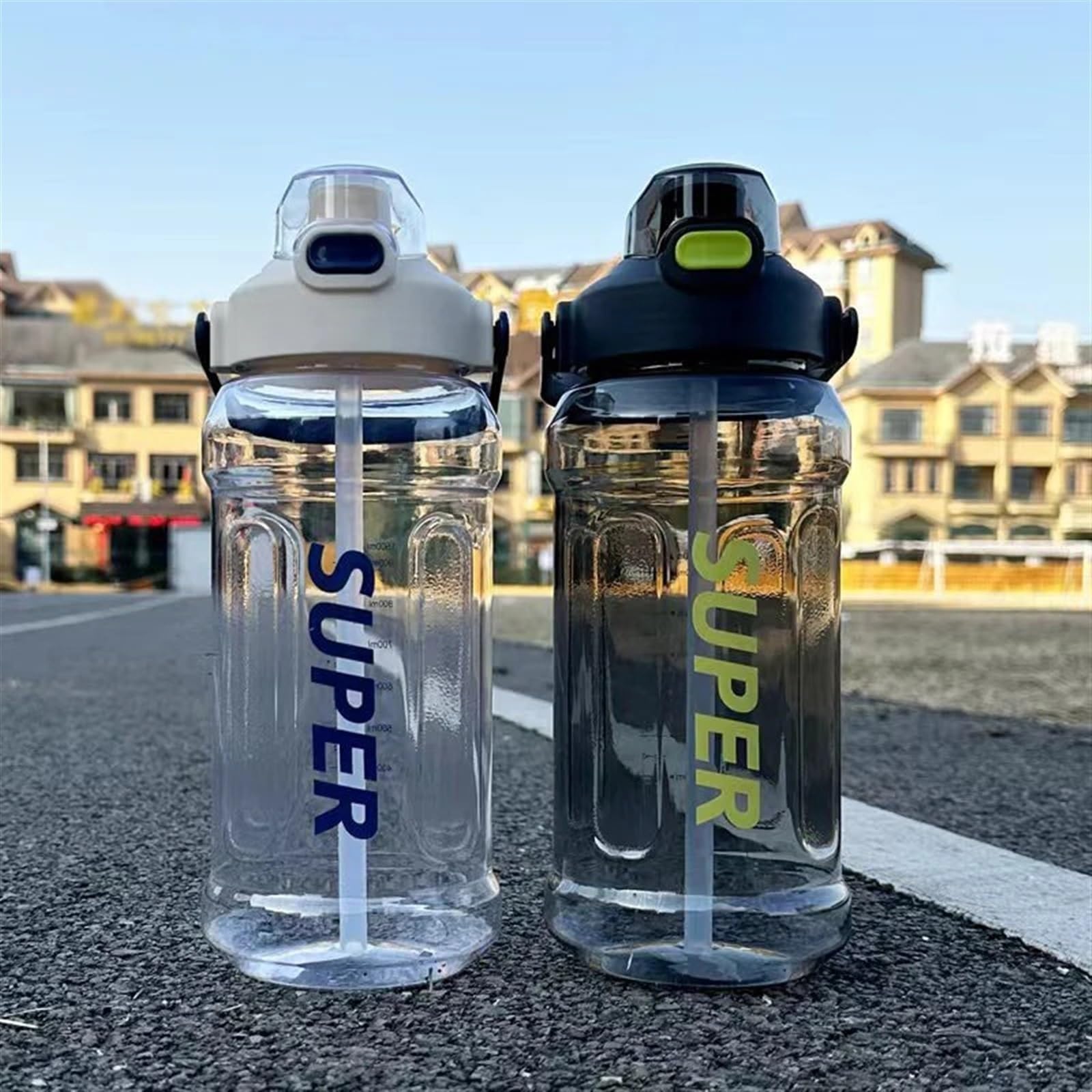 Sportflasche 1500/2000ML Water Bottle with Straw Outdoor Sports Drinking Bottles Large Capacity Plastic Cup Fitness(2000ml White)