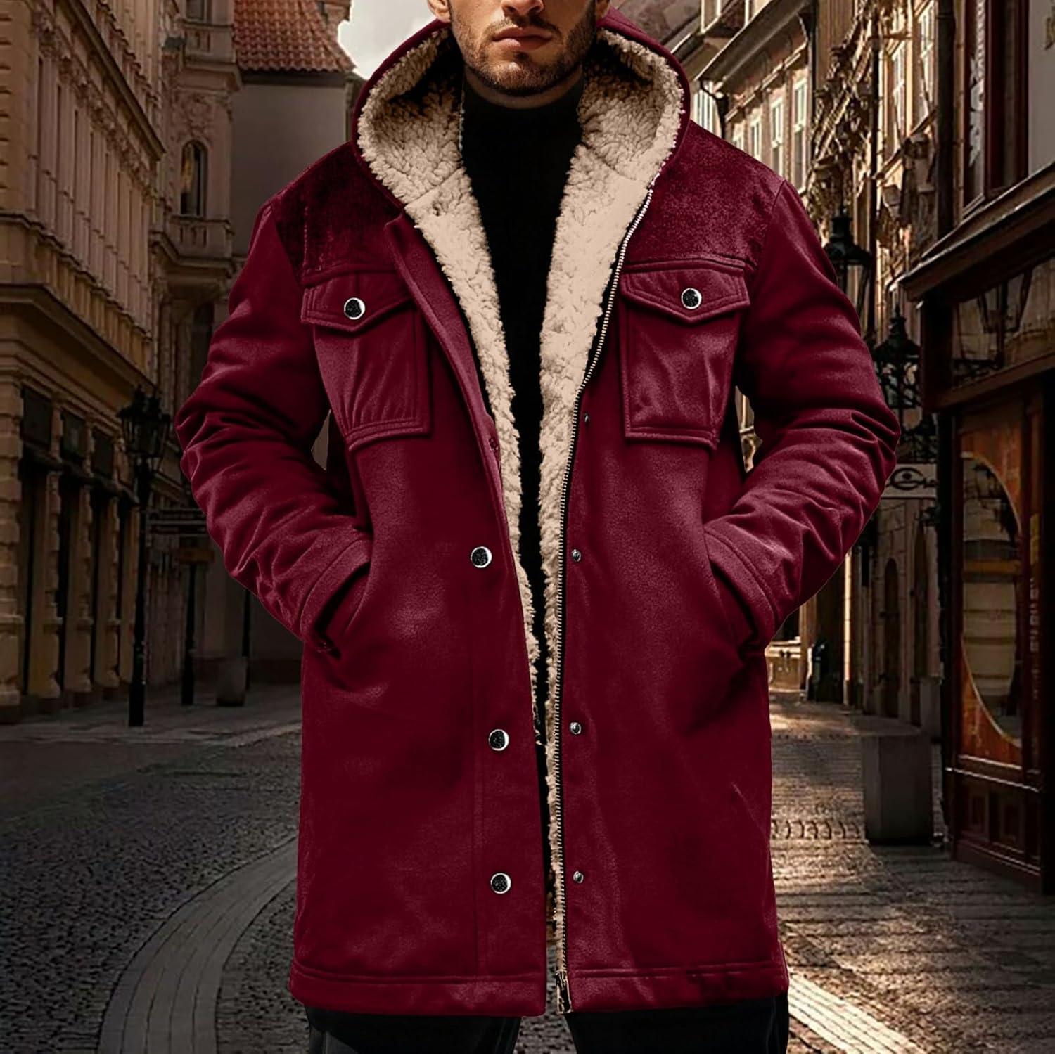 Fleece Lined Jacket Men Thickened Sherpa Long Jackets Vintage Western Zip Up Plush Denim Hoodies Winter Warm Coat